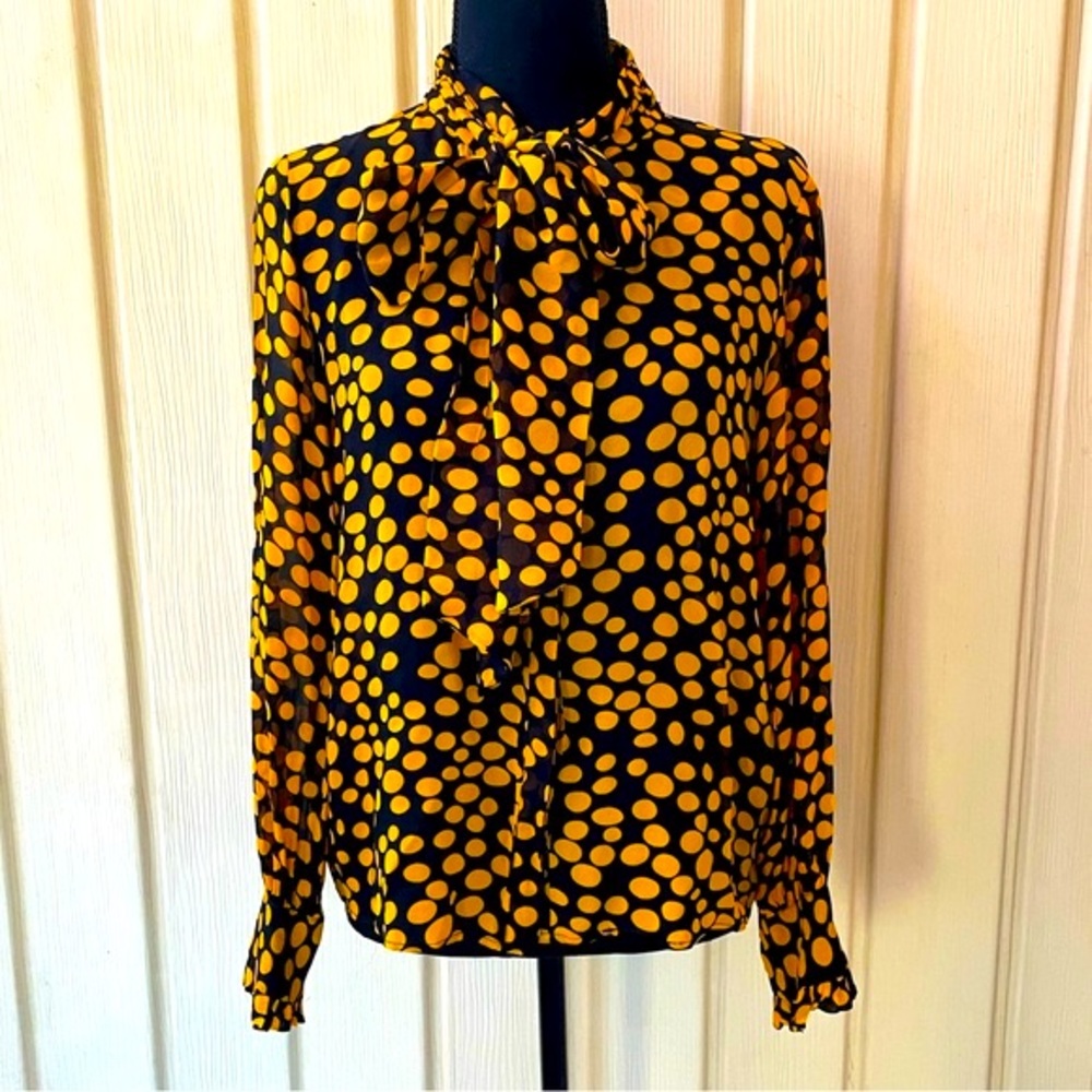 Zara • Polkadot Mustard Yellow & Black Bowtie Blouse With RuffleCuff Puff Sleeve